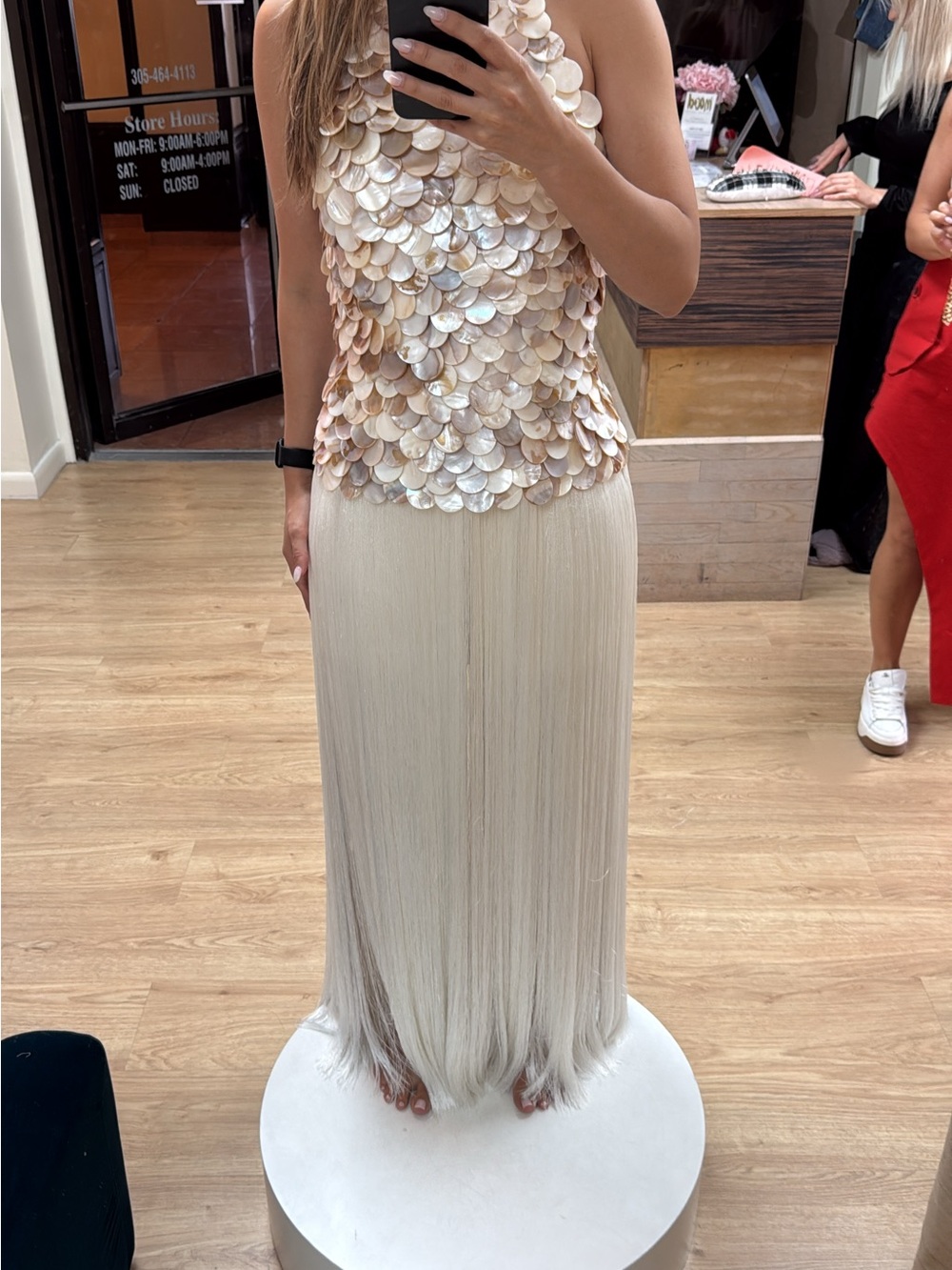 Ivory mother of pearl Petal Maxi Dress with Fringe Skirt